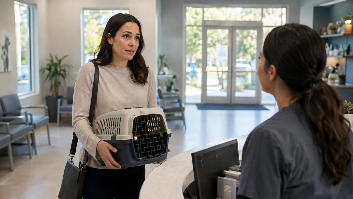 Pet owner checking in at a veterinary clinic