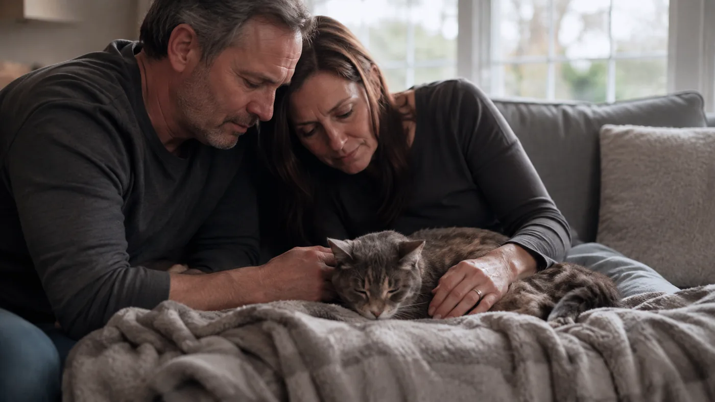 Family gently comforting an elderly cat during end-of-life care