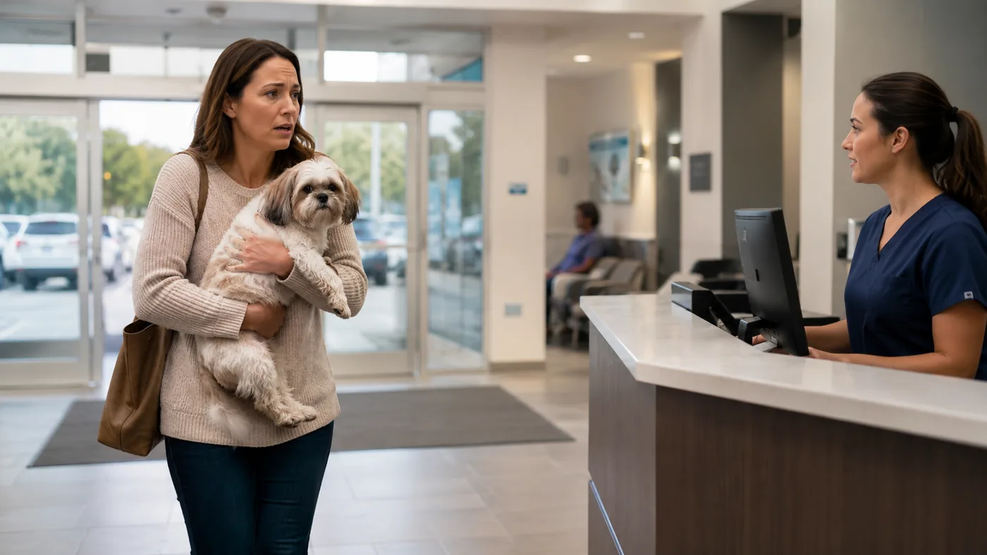 Pet owner arriving at a veterinary clinic for urgent help