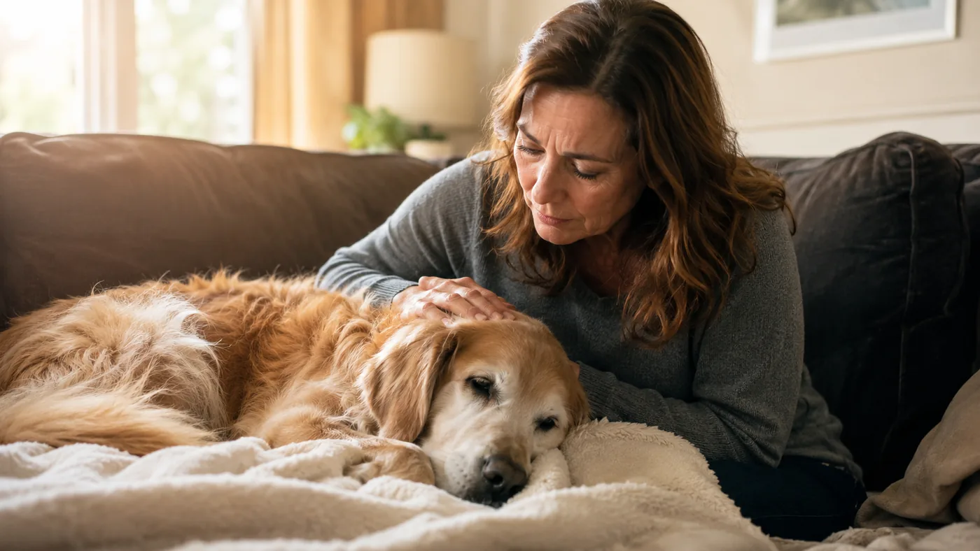 Pet owner comforting an elderly dog