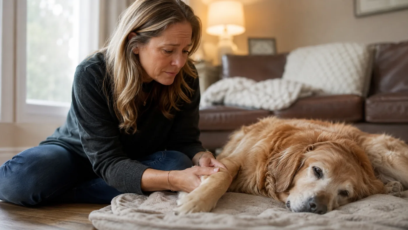 Pet owner comforting an elderly dog at home