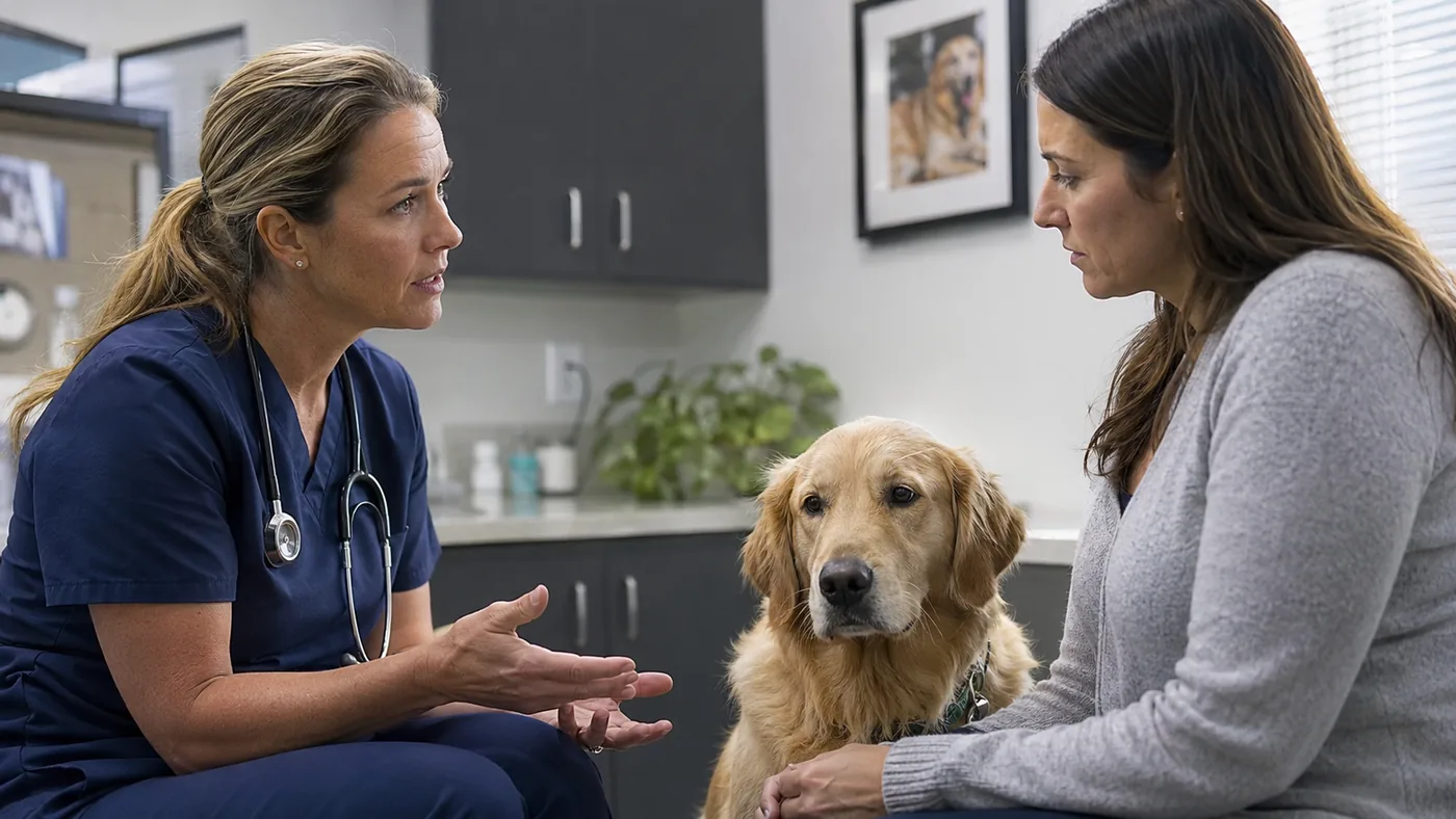 Veterinarian and pet owner reviewing care options